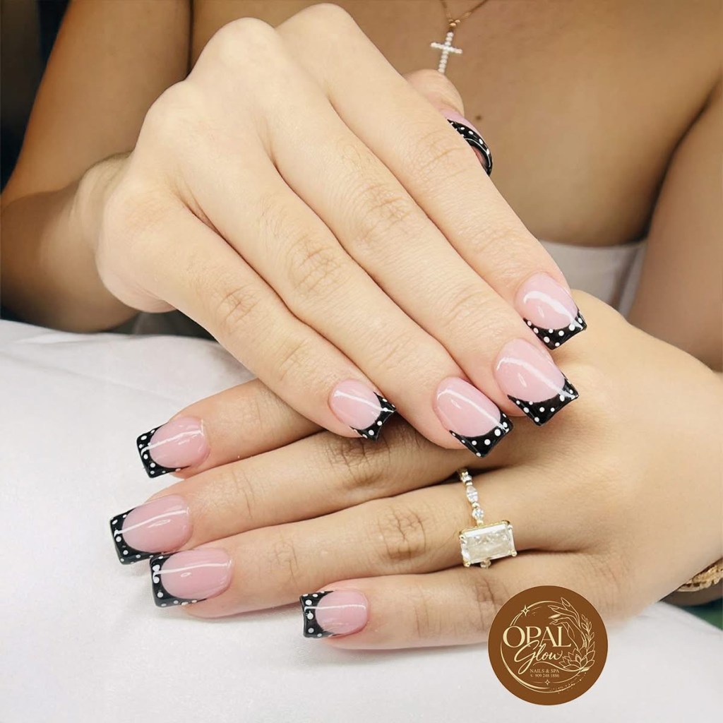 Builder gel nails with black French tips at OPAL Glow Nails & Spa in Chino, CA