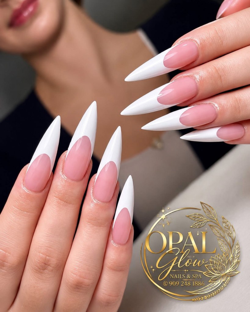 Long white French tip acrylic nails at OPAL Glow Nails & Spa in Chino, CA